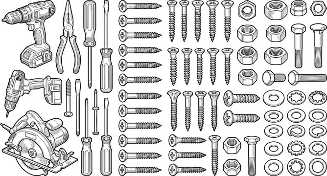 Hardware and Construction Hand Tools Icon Set Featuring Screws Nuts Bolts Drill and Circular Saw for Woodworking Workshop and DIY Repair Projects