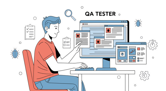 QA Tester Analyzing Software on Computer Screen with Bugs and Checklists