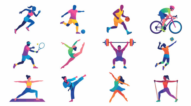 Colorful sports silhouettes collection, set of 12 athlete icons in vibrant gradients, active people practicing fitness and olympic sports vector