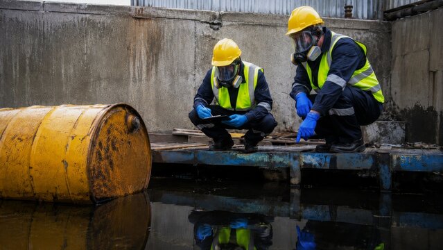 Two workers in safety gear inspect a contaminated area with a yellow barrel, highlighting environmental safety and pollution concerns.