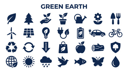 Obraz premium Green Earth Icons Set Representing Ecology Sustainability Renewable Energy and Nature Conservation Concepts