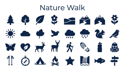 Collection of nature and outdoor activity icons representing hiking camping wildlife and scenic landscapes for environmental themes © Iconique Studio