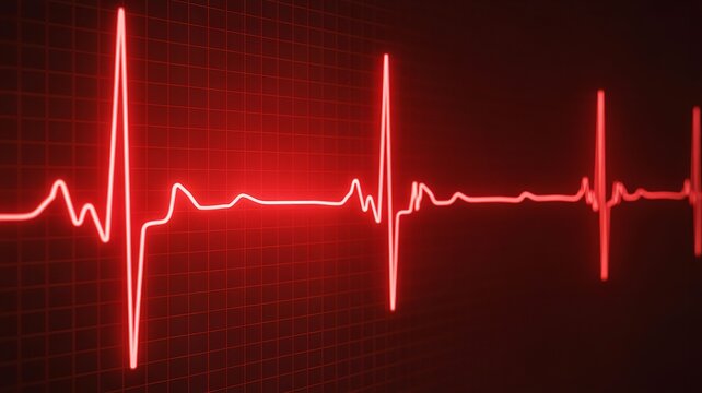 Medical ECG Heartbeat Line Pulse Monitor Display in Dark Red Neon Light Background