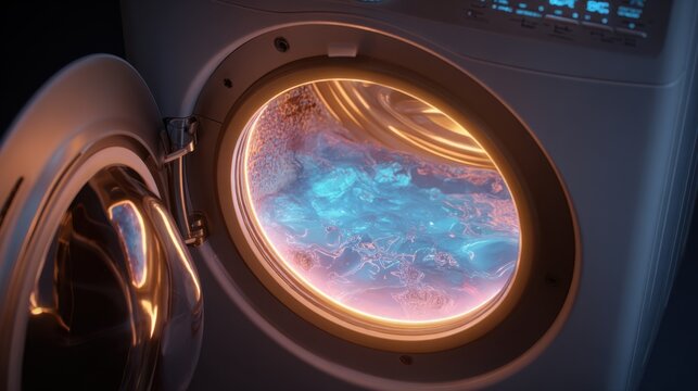 Luminous Laundry Drum: The interior of a modern washing machine glows with an otherworldly blue and orange light, highlighting the tumbling garments within and creating a captivating.