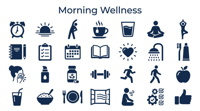Morning Wellness Routine Icons Set Healthy Lifestyle Habits Daily Activities Self Care Symbols for Health and Fitness Concepts