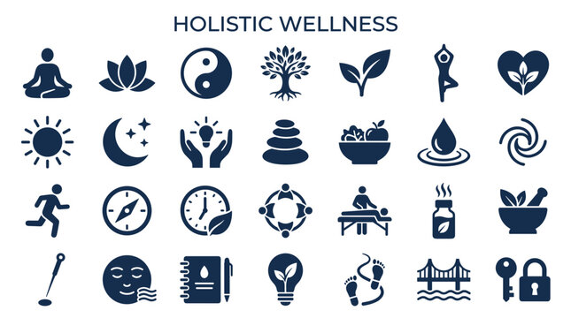 Holistic Wellness Icons Representing Health, Balance, Nature, Mindfulness, and Self Care Concepts