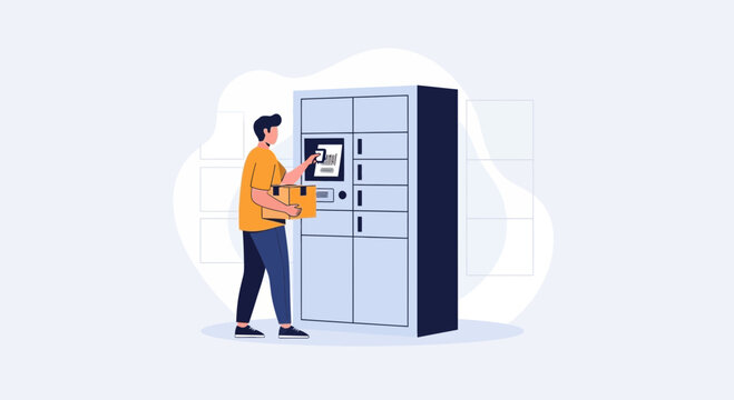 Man using parcel locker for package delivery and pickup