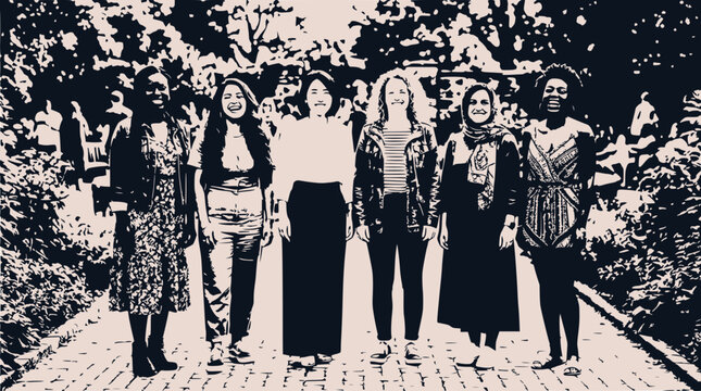 Diverse group of women smiling in a park, standing on a brick path, outdoor portrait
