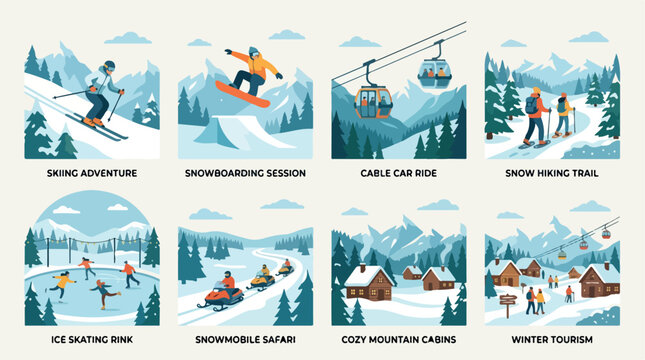 Winter sports and mountain tourism vector set, 8 icons of skiing adventure and snowboarding session, cable car ride and snowmobile safari