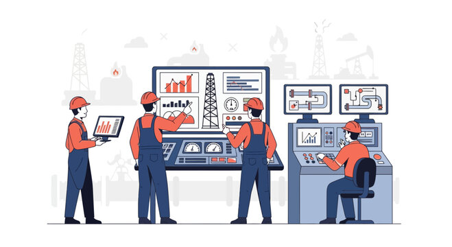 Oil Rig Control Room | Workers Monitoring Operations with Screens