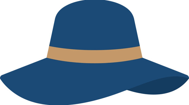 Blue wide-brimmed sun hat with tan ribbon detail, isolated on white background
