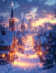 Naklejka premium Snowy Christmas night in an old European city square with illuminated architecture, a historic church tower, and urban traffic lights