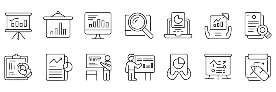 Data analytics thin line icon vector set featuring statistics, financial profit graphs, database symbols, performance charts, presentation graphics, and business review elements