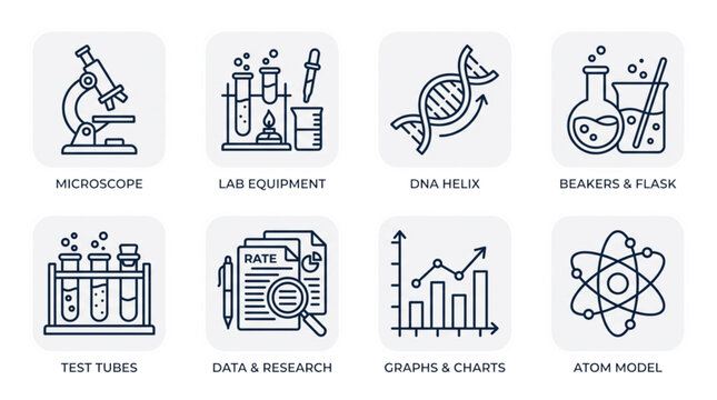 Science and Research Line Icons Set with Microscope, DNA Helix, Atom Model, Lab Equipment and Charts