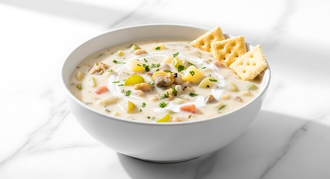 Bowl of creamy soup with vegetables and cracker isolated on white background