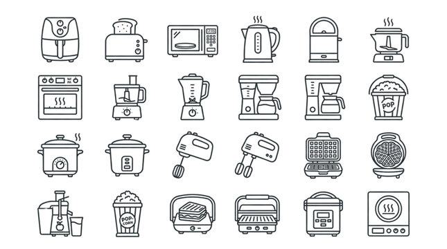 Kitchen Appliance Line Icons Set with Air Fryer, Toaster, Blender, Waffle Maker and Popcorn Machine
