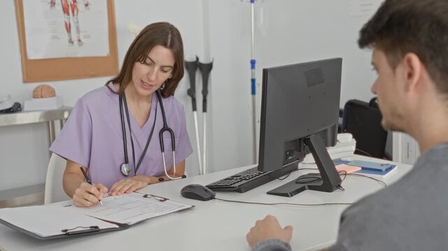 Man signing medical form while doctor with stethoscope points to paper and hands pen at desk in building; consent trust.