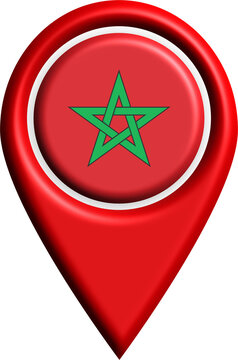 Red map pin icon showcasing moroccos national flag with green star symbol within a white circle. Suitable for travelthemed designs.
