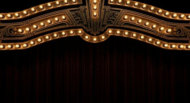 Dazzling classic theater proscenium arch, radiant with illuminated bulbs and ornate gold, elegantly frames rich red velvet stage curtains. Evokes showtime glamour and performances