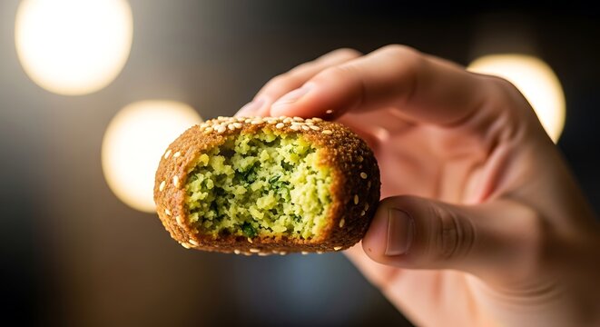 Hand holding a piece of bread with green filling isolated on white background