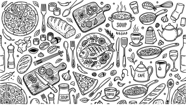 Hand drawn food doodle vector composition with kitchen utensils and beverage line art illustration