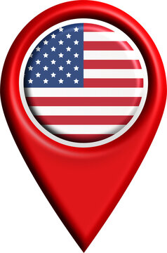 Red map pin icon with united states flag as a round glossy button illustration. Perfect for patriotic themes or locationbased designs.