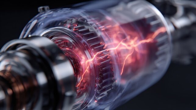 The Core of Energy: An internal view of an electric motor showcasing the intense electrical current arcing through its components, representing raw power and technological innovation.