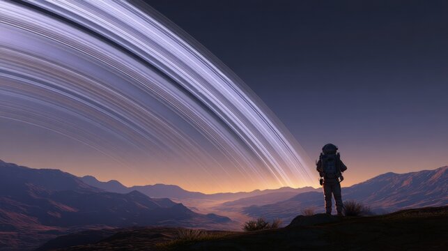 astronaut standing on an alien planet overlooking a giant ringed planet, glowing horizon, futuristic exploration scene, cinematic science fiction