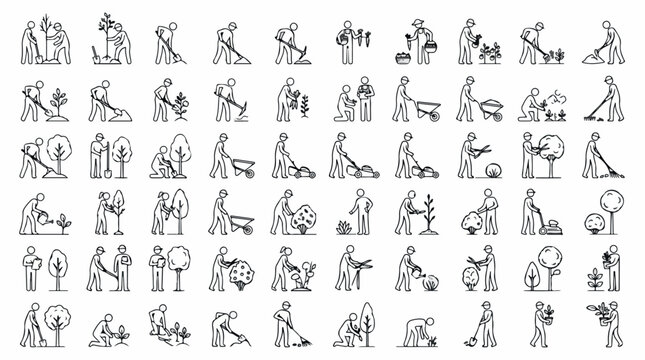 Gardening line icons set, 60 minimalist garden maintenance vector symbols, people planting trees and landscaping, outdoor yard work illustrations