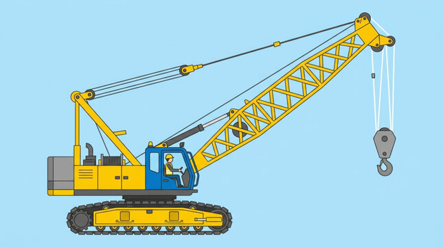 A yellow and blue tracked mobile crane with a hook is depicted in a side view against a solid light blue background, symbolizing construction and heavy industry