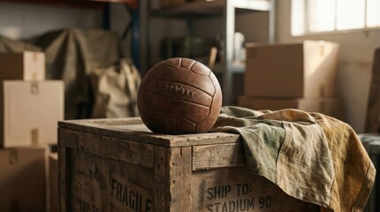 Vintage leather soccer ball resting on a rustic wooden shipping crate in a warehouse storage setting representing sports history and nostalgic athletic memorabilia