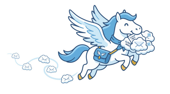 A cartoon winged horse delivering emails through clouds with mailbag