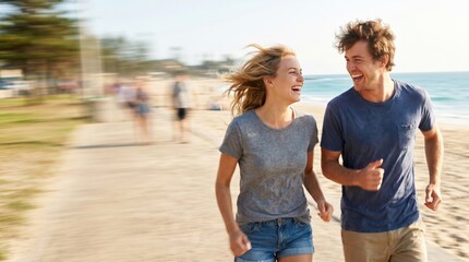Naklejka premium Young Caucasian couple jogging together on a sunny beach promenade, laughing and enjoying a healthy active lifestyle, fitness motivation and relationship happiness