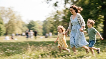 Fototapeta premium Happy mother running with young daughter and son in sunny park, joyful family lifestyle, active parenting, childhood freedom, summer outdoor recreation
