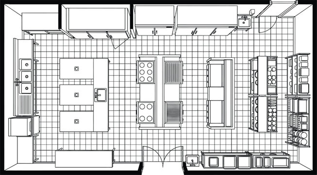 Commercial kitchen floorplan line art design template with top view