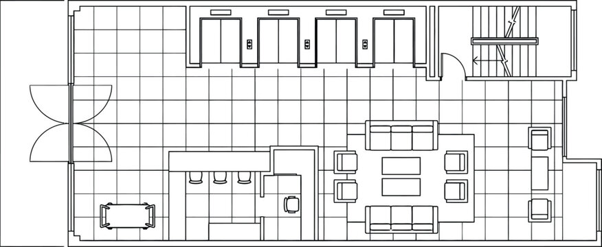 Lobby floorplan line art design template with reception layout