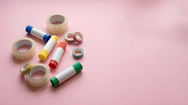 Colorful glue sticks and adhesive tapes arranged on a pink background