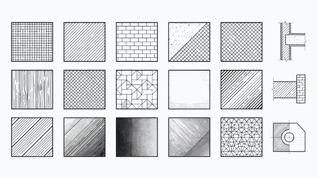 Architectural Hatching Patterns and Engineering Drafting Symbols Line Art Set with CAD Material Texture and Construction Section Cross section Symbols