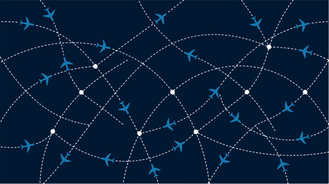 Global aviation flight paths background, airplane route map with dashed lines, international air travel network vector illustration on dark blue