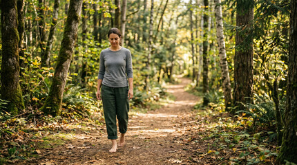 Fototapeta premium Mindful woman walking barefoot on forest trail practicing slow living for stress relief and peace 