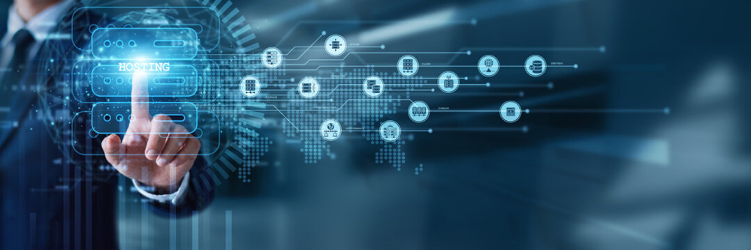 Server administrator hand touch HOSTING dashboard managing web server uptime and domain databases on digital interface. Professional cloud storage solutions and secure internet data management.