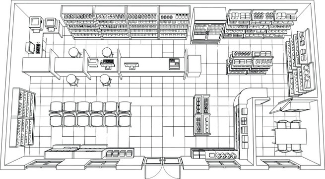 Store floorplan line art design template with top view layout
