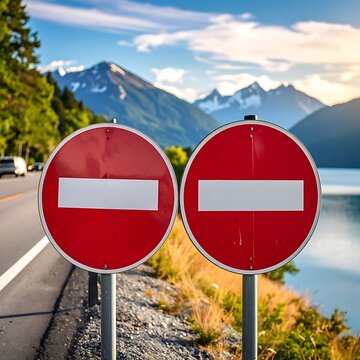 Road signs by mountain lake shore.