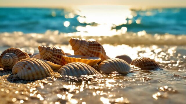 Close-up view of a cluster of various seashells lying on a sandy beach at sunrise with a blurred turquoise ocean and sparkling sea foam in the background under warm light.