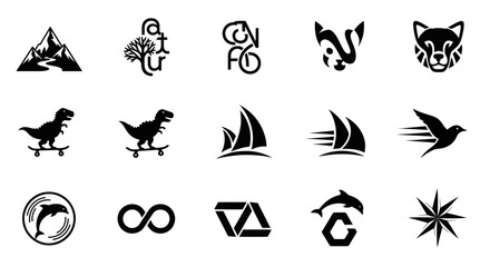 Fototapeta premium Collection of Black and White Vector Icons and Logos - Nature, Animals, Transport, Abstract