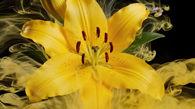 Abstract Yellow Lily Flower Bloom with White and Yellow Ink Droplets.
