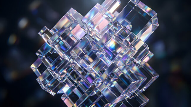 Abstract geometric crystal structure with iridescent light reflections and bokeh background