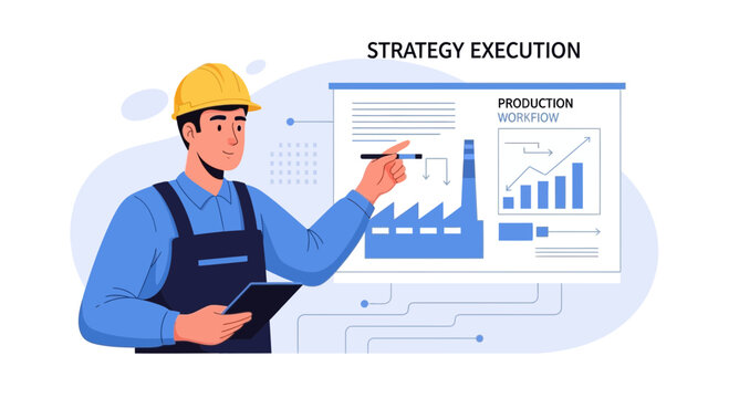 Factory worker presenting production workflow strategy execution with charts