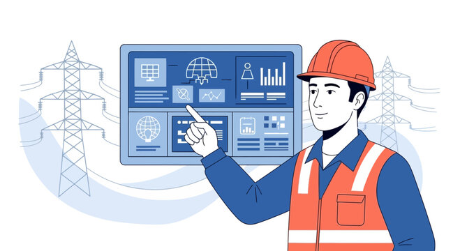 Electrical Engineer Works with Smart Grid Technology on Digital Display