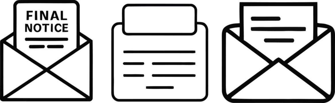 Modern final notice and business mail envelope icons set in outline style on white background